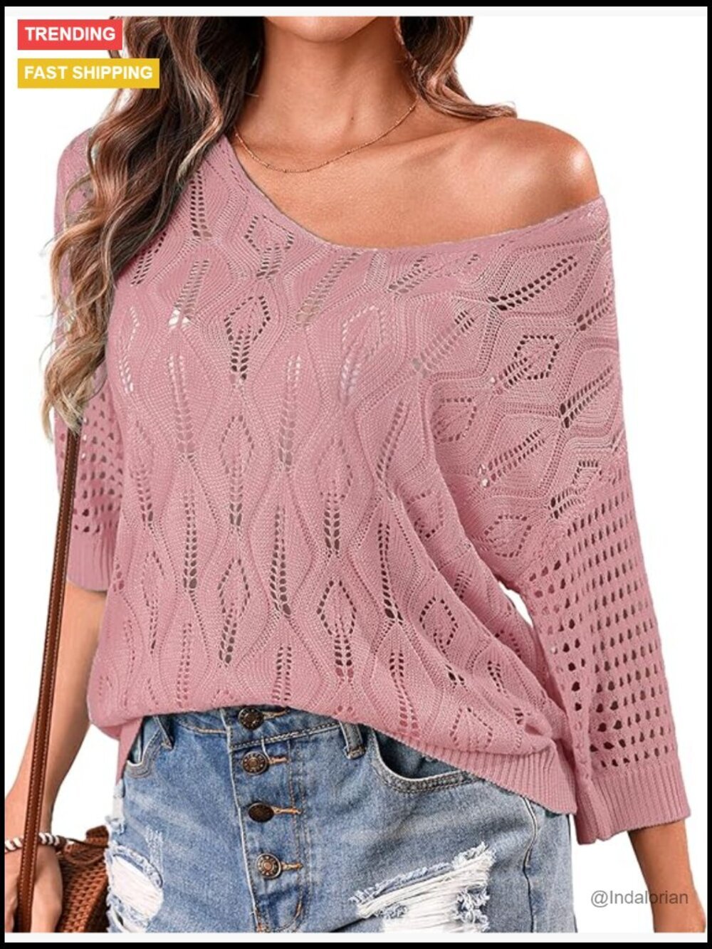 3/4 Sleeve Crochet Hollow Out Knit Top Beach Cover Up